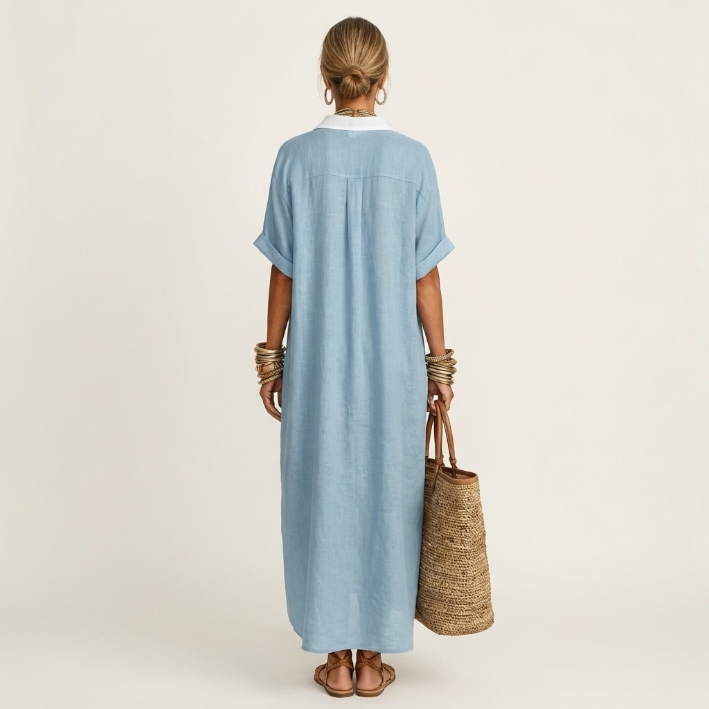 Kamira™ | Contrast-Collar Button-Front Short-Sleeve Maxi Shirt Dress