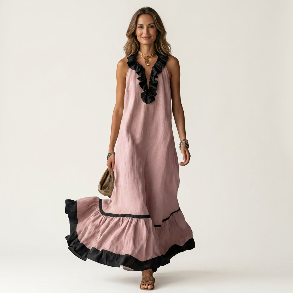 Mayline™ | Sleeveless Ruffle-Neck Contrast-Trim Maxi Dress