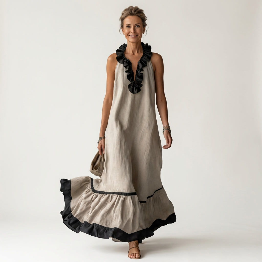 Mayline™ | Sleeveless Ruffle-Neck Contrast-Trim Maxi Dress