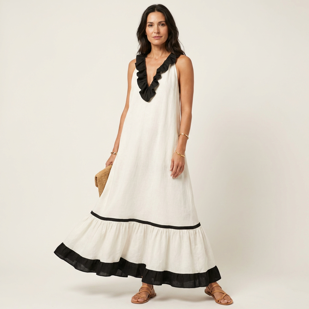 Mayline™ | Sleeveless Ruffle-Neck Contrast-Trim Maxi Dress