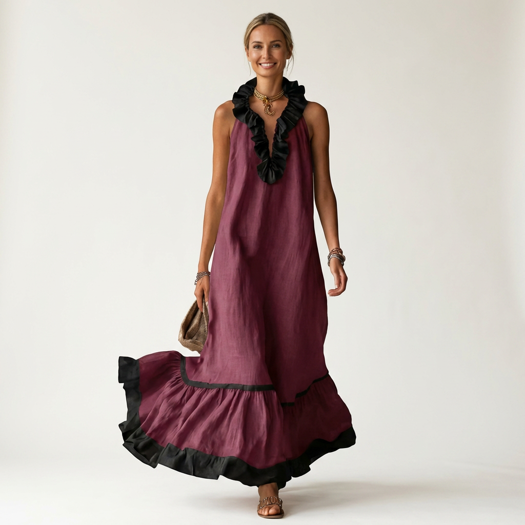 Mayline™ | Sleeveless Ruffle-Neck Contrast-Trim Maxi Dress