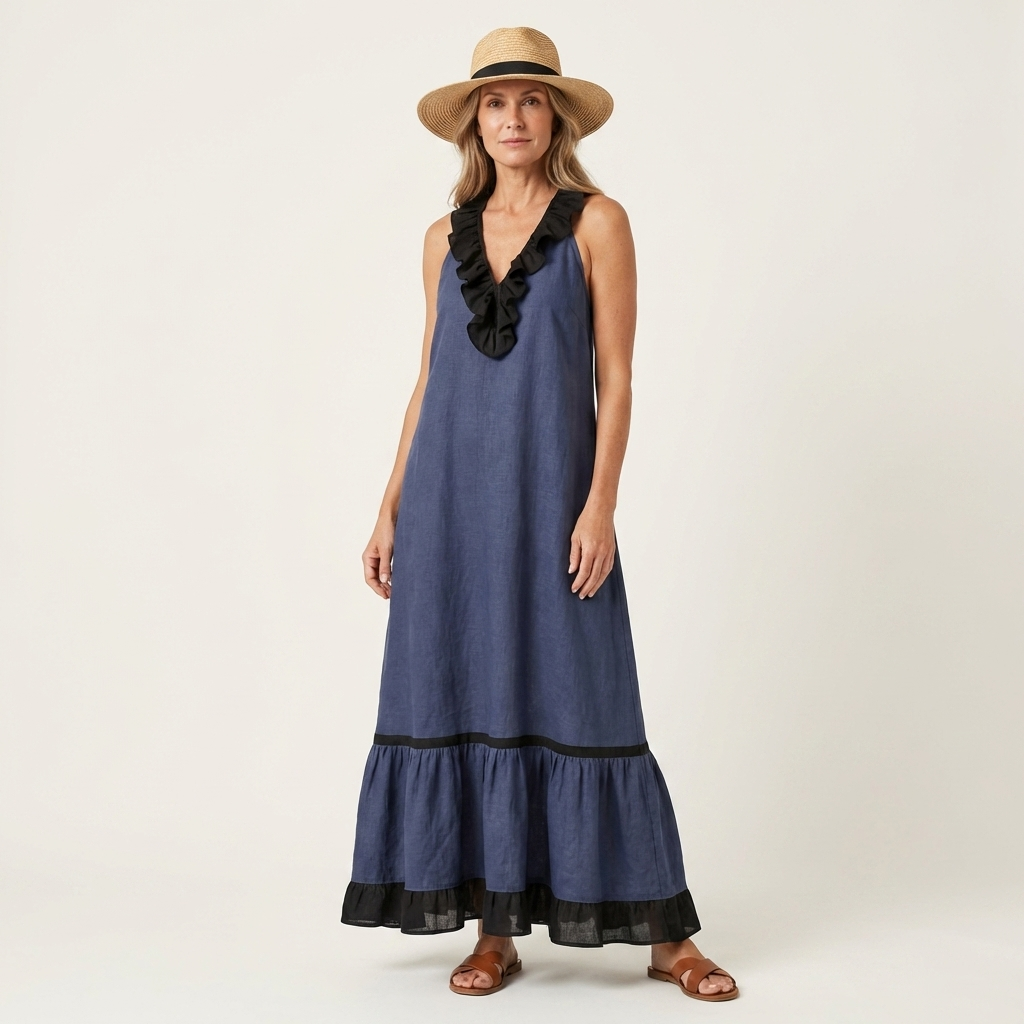 Mayline™ | Sleeveless Ruffle-Neck Contrast-Trim Maxi Dress