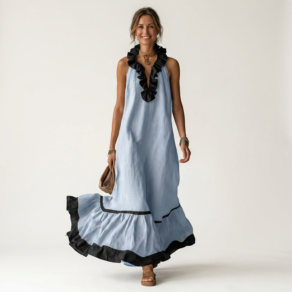 Mayline™ | Sleeveless Ruffle-Neck Contrast-Trim Maxi Dress