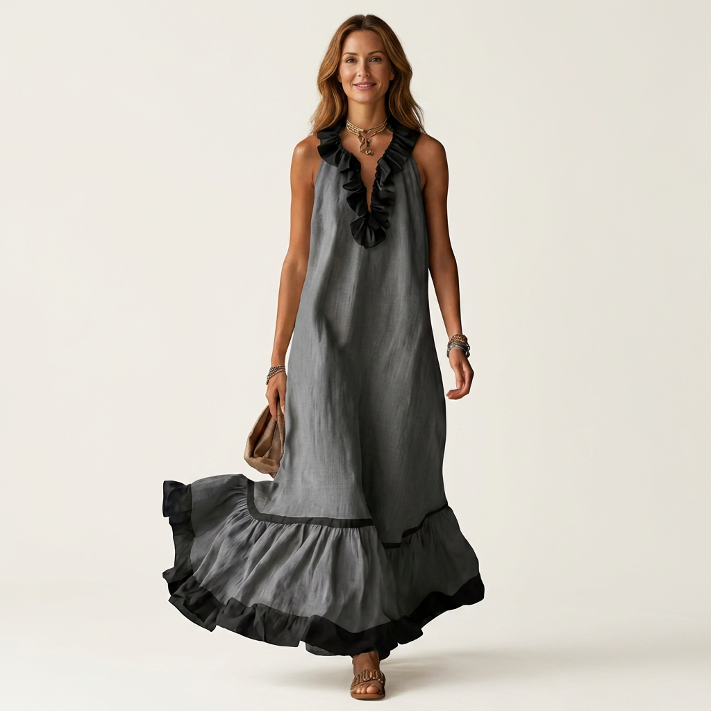 Mayline™ | Sleeveless Ruffle-Neck Contrast-Trim Maxi Dress
