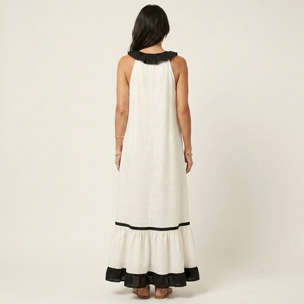 Mayline™ | Sleeveless Ruffle-Neck Contrast-Trim Maxi Dress