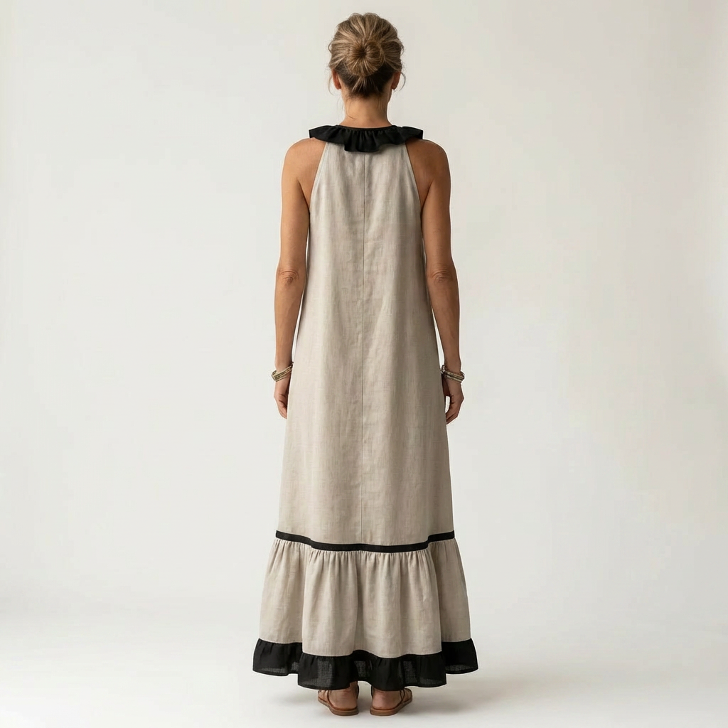 Mayline™ | Sleeveless Ruffle-Neck Contrast-Trim Maxi Dress