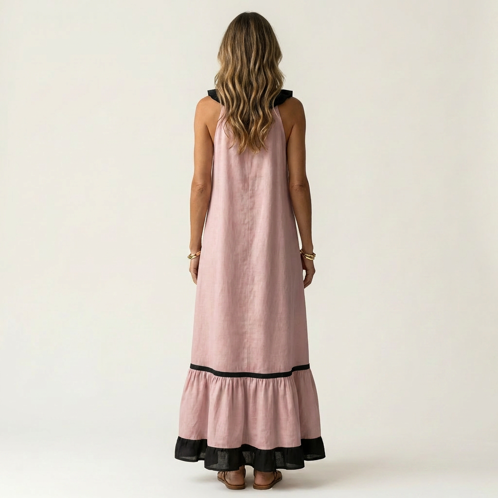 Mayline™ | Sleeveless Ruffle-Neck Contrast-Trim Maxi Dress