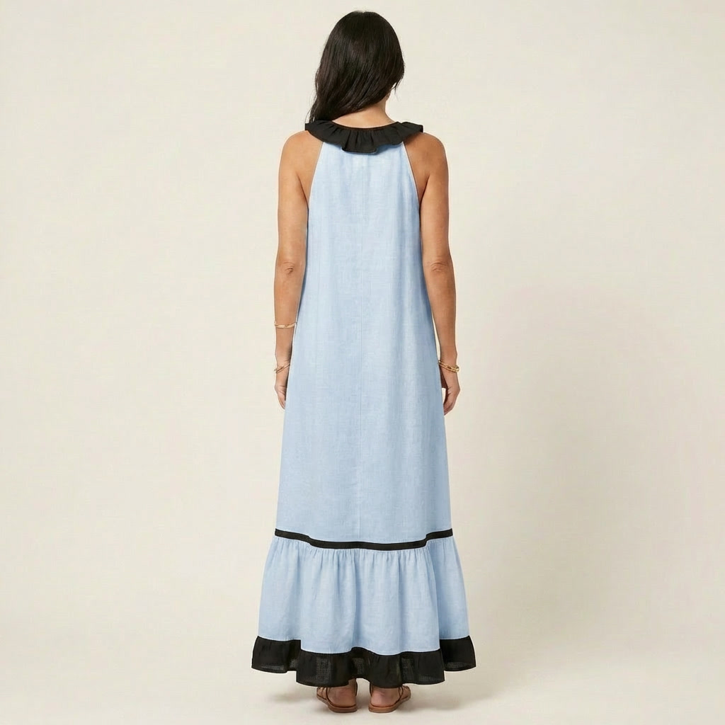 Mayline™ | Sleeveless Ruffle-Neck Contrast-Trim Maxi Dress