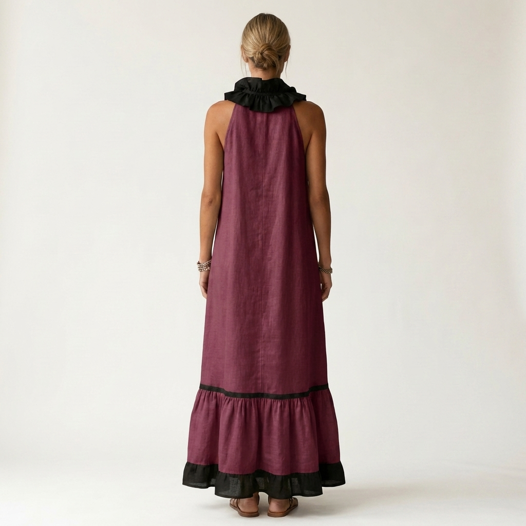 Mayline™ | Sleeveless Ruffle-Neck Contrast-Trim Maxi Dress