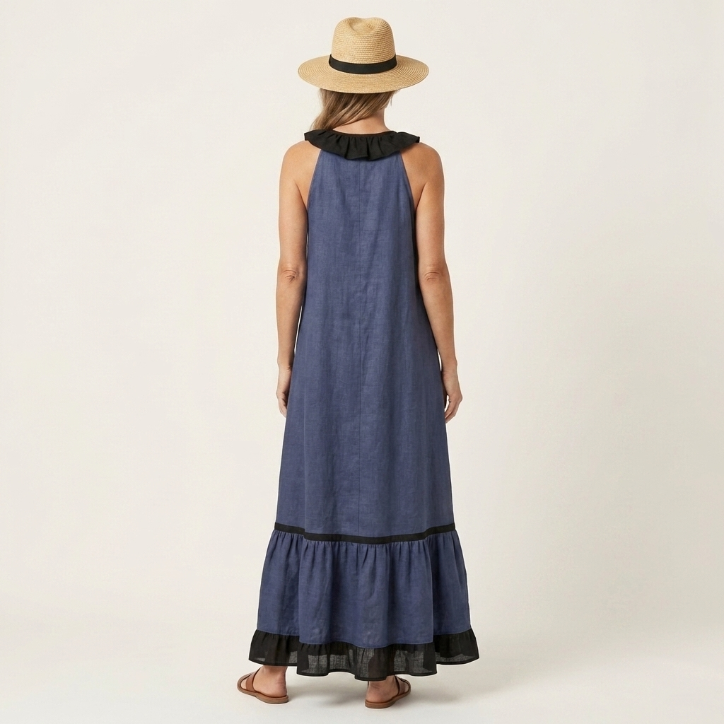 Mayline™ | Sleeveless Ruffle-Neck Contrast-Trim Maxi Dress