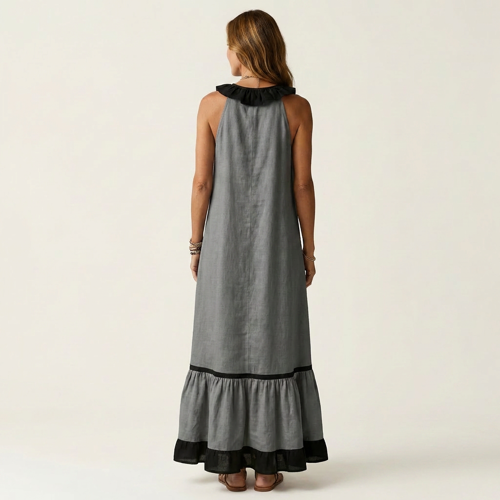 Mayline™ | Sleeveless Ruffle-Neck Contrast-Trim Maxi Dress