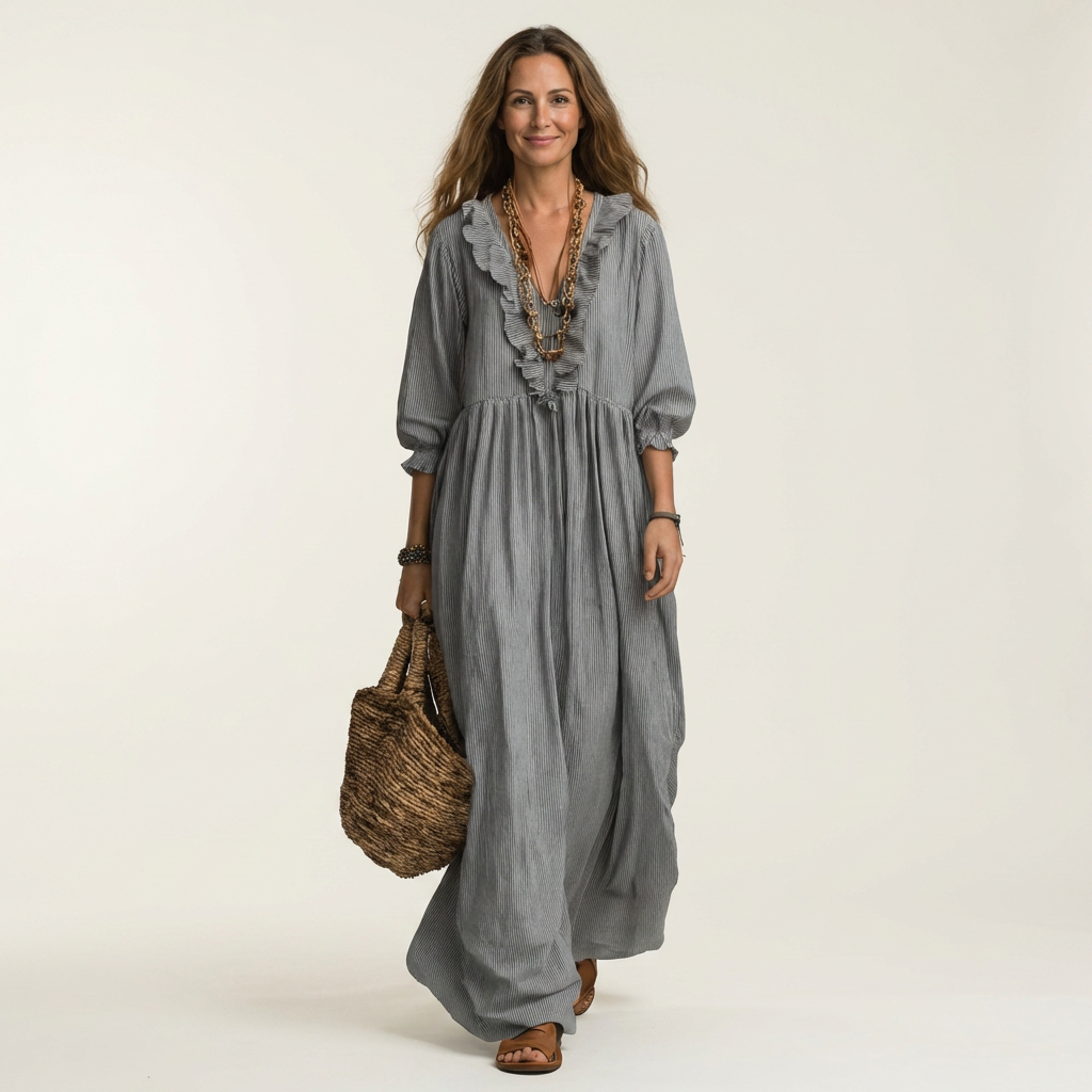 Yosetta™ | Ruffle V-Neck Striped Lantern-Sleeve Maxi Dress