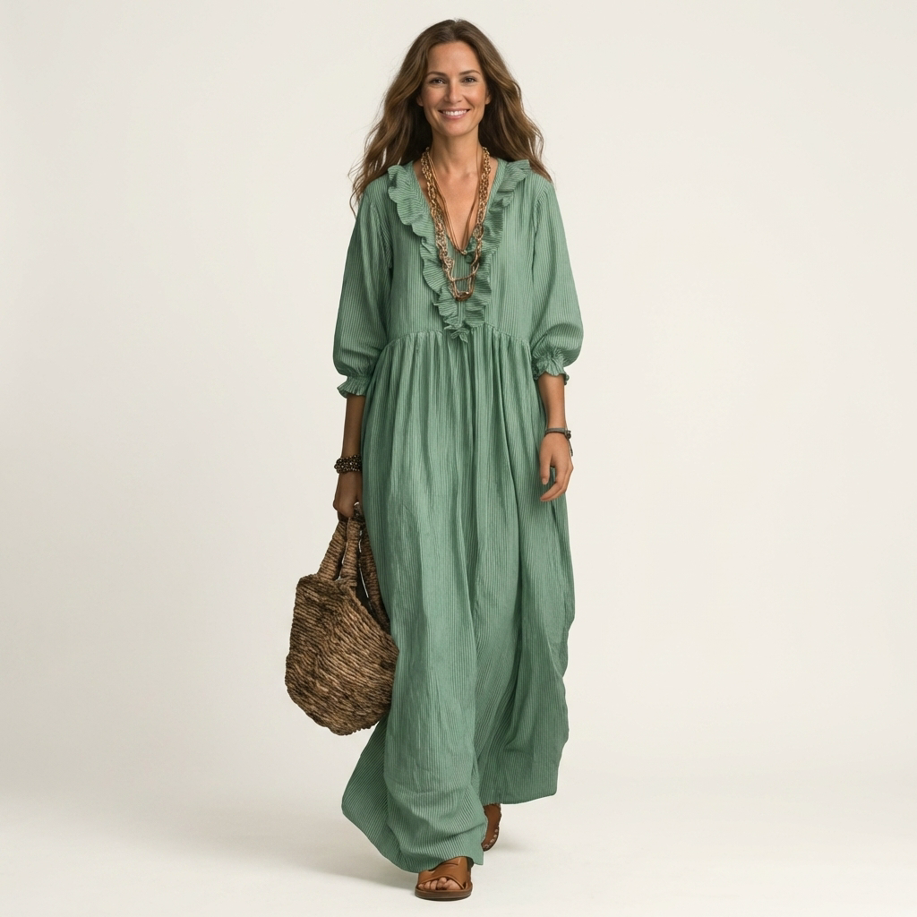 Yosetta™ | Ruffle V-Neck Striped Lantern-Sleeve Maxi Dress