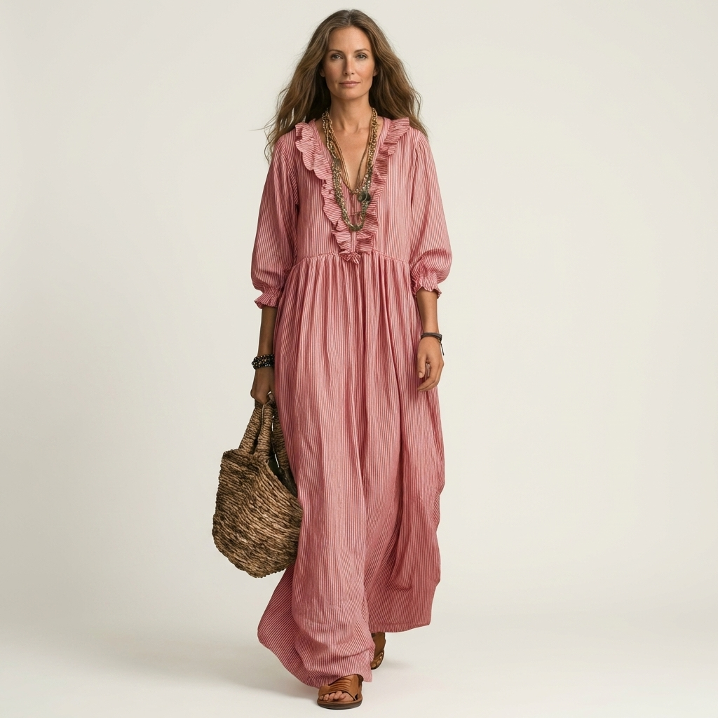 Yosetta™ | Ruffle V-Neck Striped Lantern-Sleeve Maxi Dress
