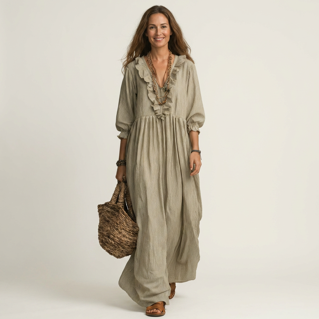 Yosetta™ | Ruffle V-Neck Striped Lantern-Sleeve Maxi Dress