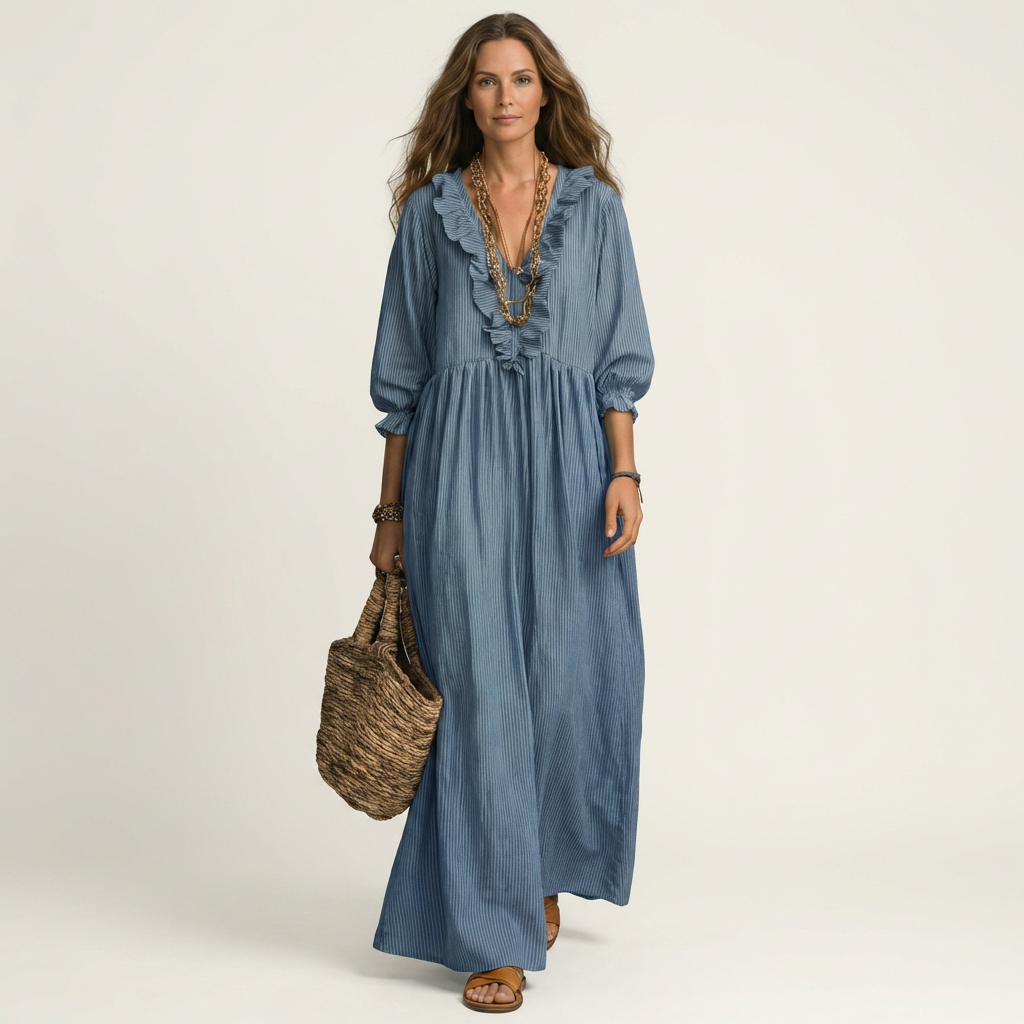 Yosetta™ | Ruffle V-Neck Striped Lantern-Sleeve Maxi Dress