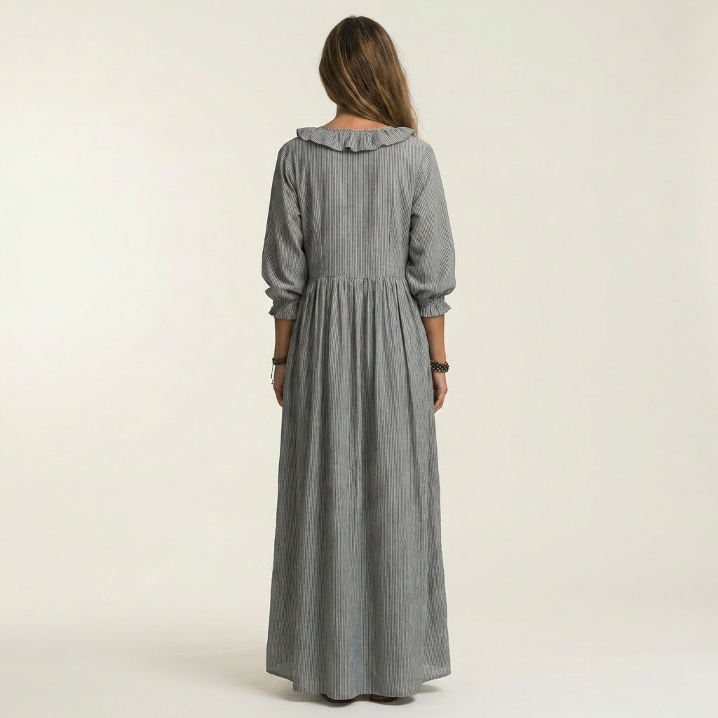 Yosetta™ | Ruffle V-Neck Striped Lantern-Sleeve Maxi Dress
