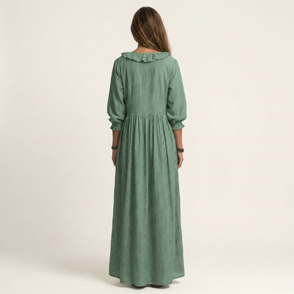 Yosetta™ | Ruffle V-Neck Striped Lantern-Sleeve Maxi Dress