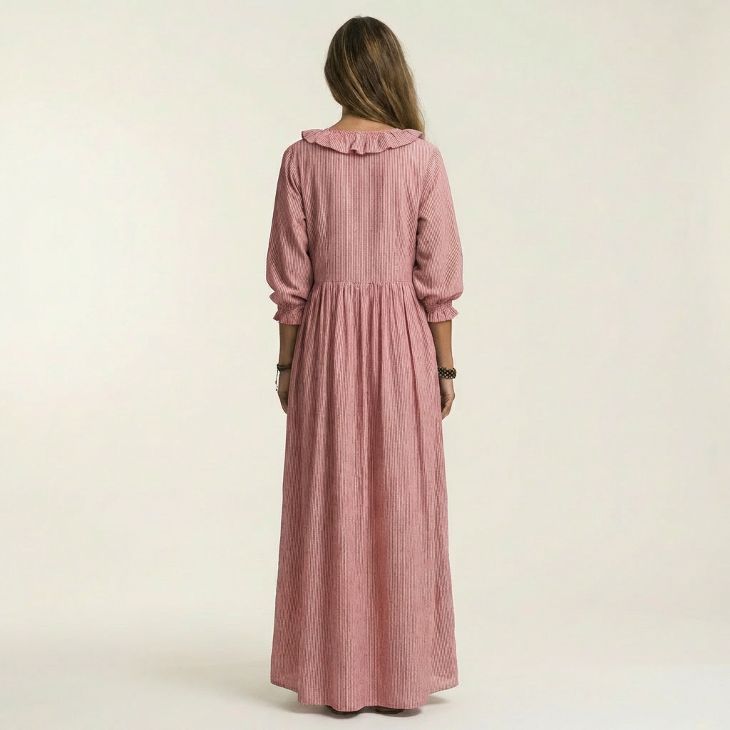 Yosetta™ | Ruffle V-Neck Striped Lantern-Sleeve Maxi Dress