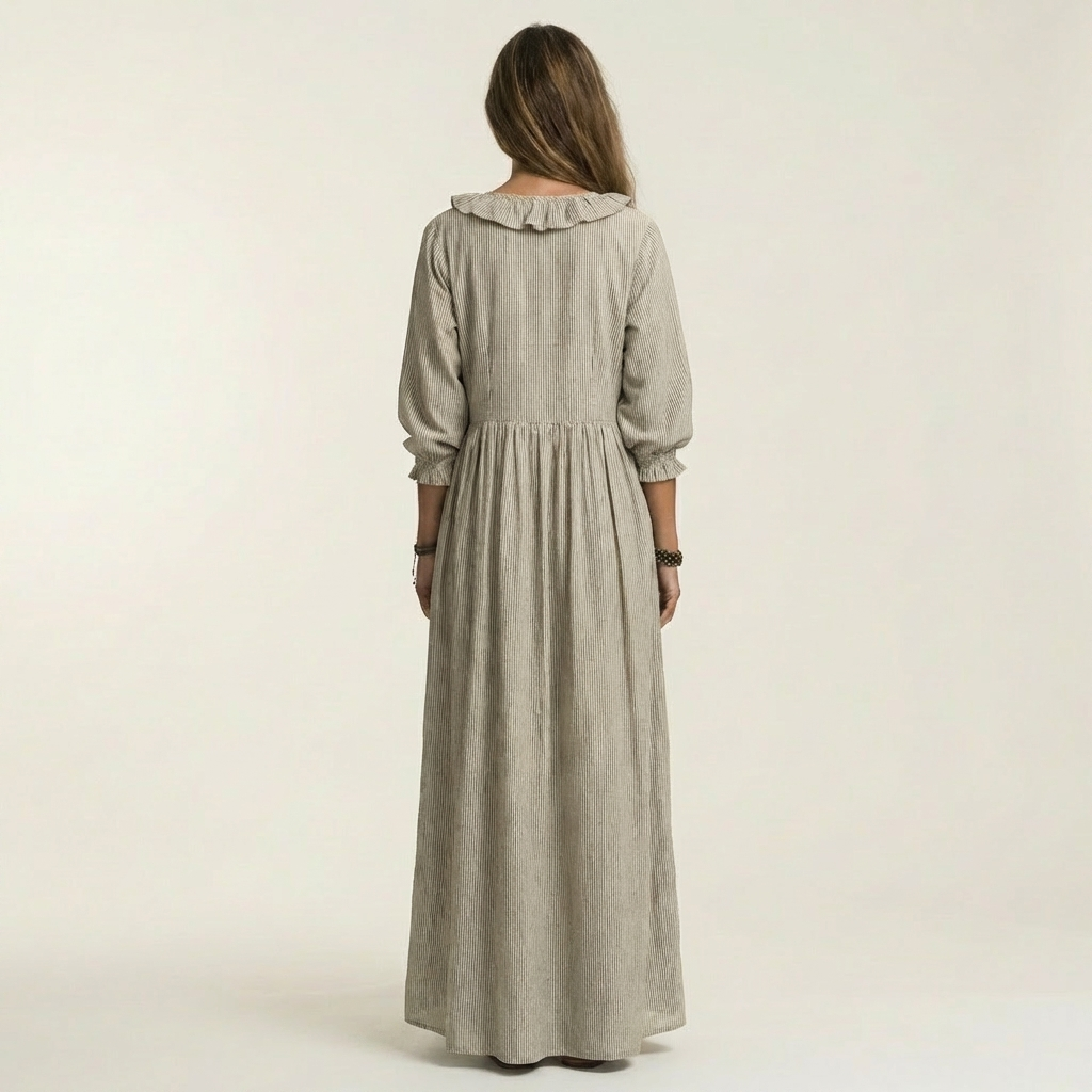 Yosetta™ | Ruffle V-Neck Striped Lantern-Sleeve Maxi Dress