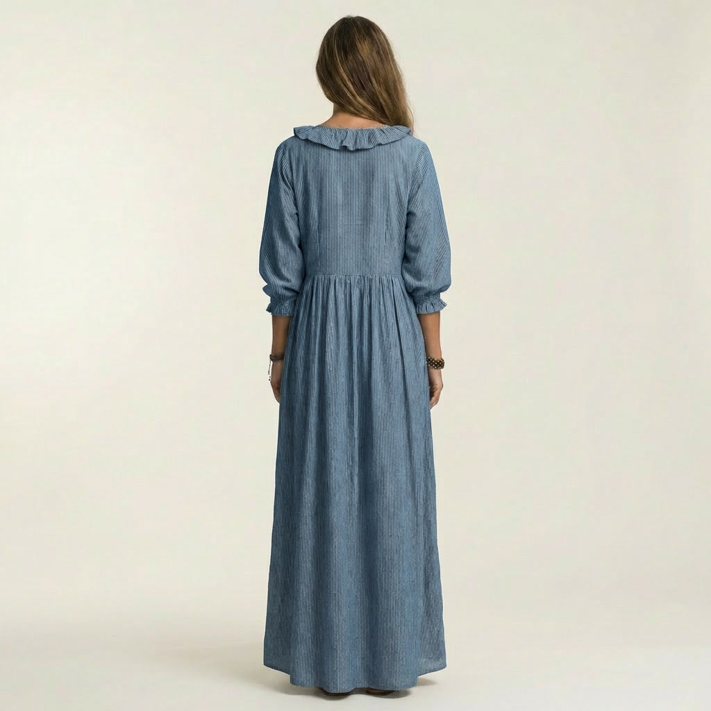 Yosetta™ | Ruffle V-Neck Striped Lantern-Sleeve Maxi Dress