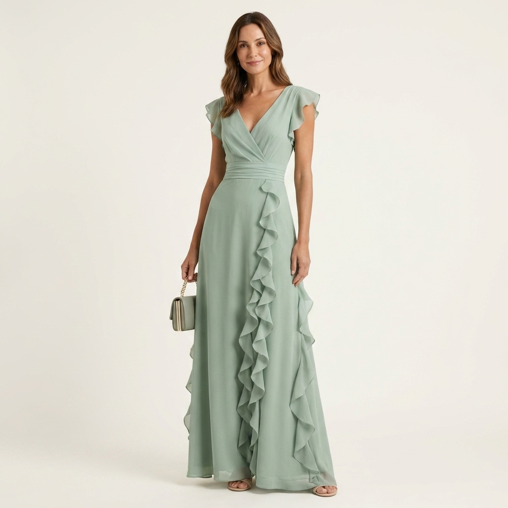 Nellyana™ | Wrap-Style V-Neck Flutter-Sleeve Cascading Ruffle Maxi Dress
