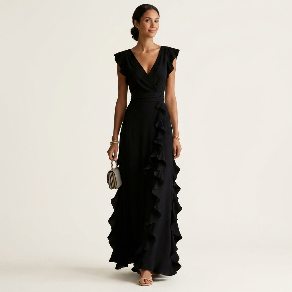 Nellyana™ | Wrap-Style V-Neck Flutter-Sleeve Cascading Ruffle Maxi Dress