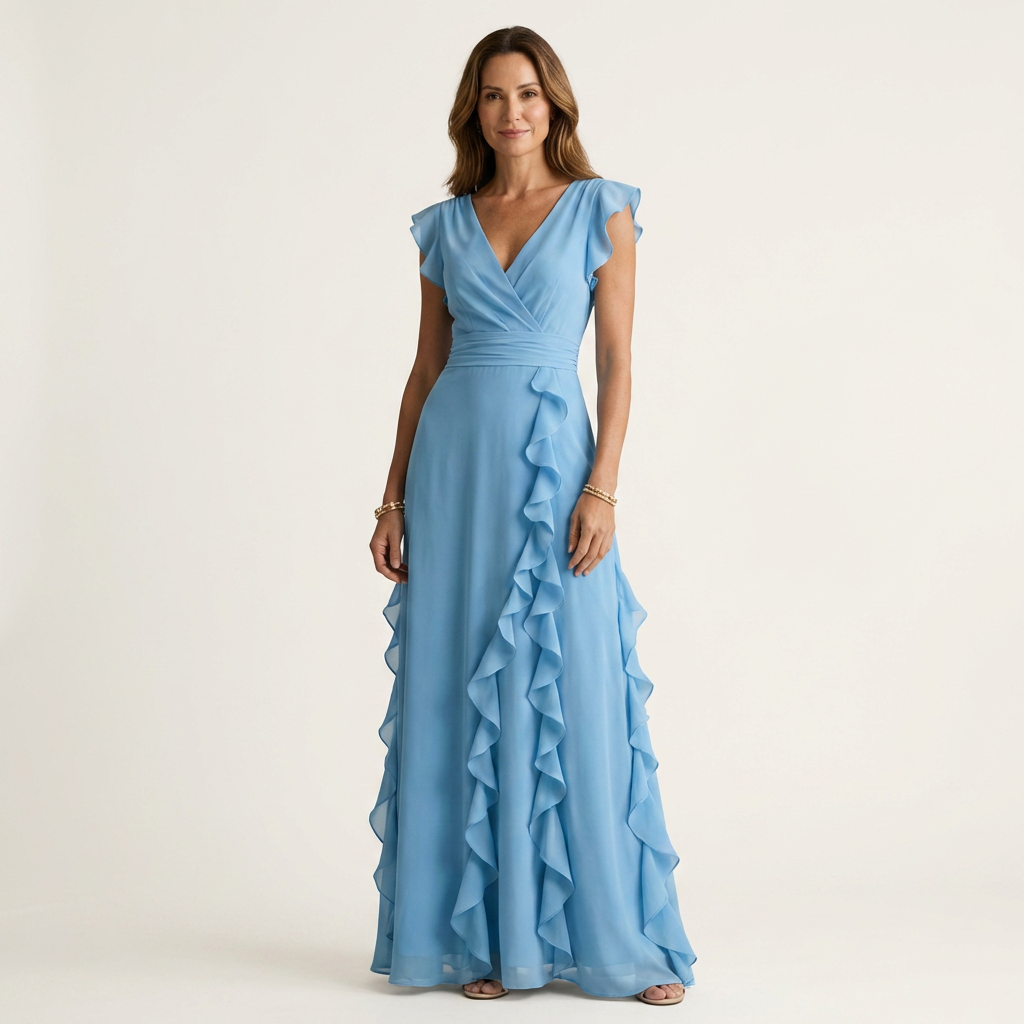 Nellyana™ | Wrap-Style V-Neck Flutter-Sleeve Cascading Ruffle Maxi Dress