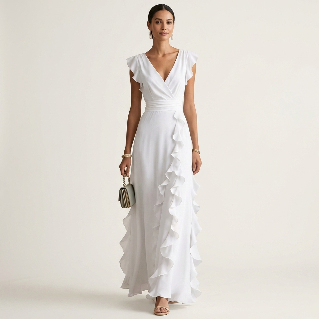 Nellyana™ | Wrap-Style V-Neck Flutter-Sleeve Cascading Ruffle Maxi Dress