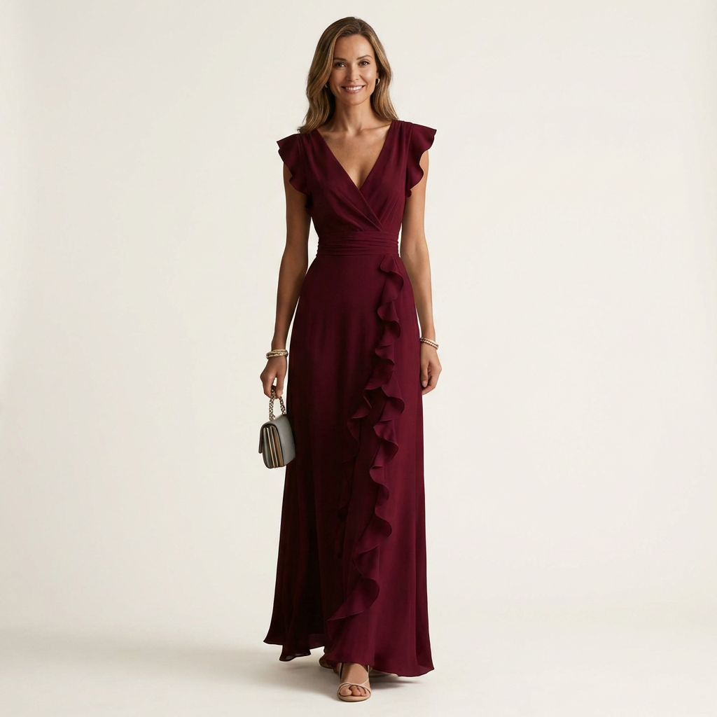 Nellyana™ | Wrap-Style V-Neck Flutter-Sleeve Cascading Ruffle Maxi Dress