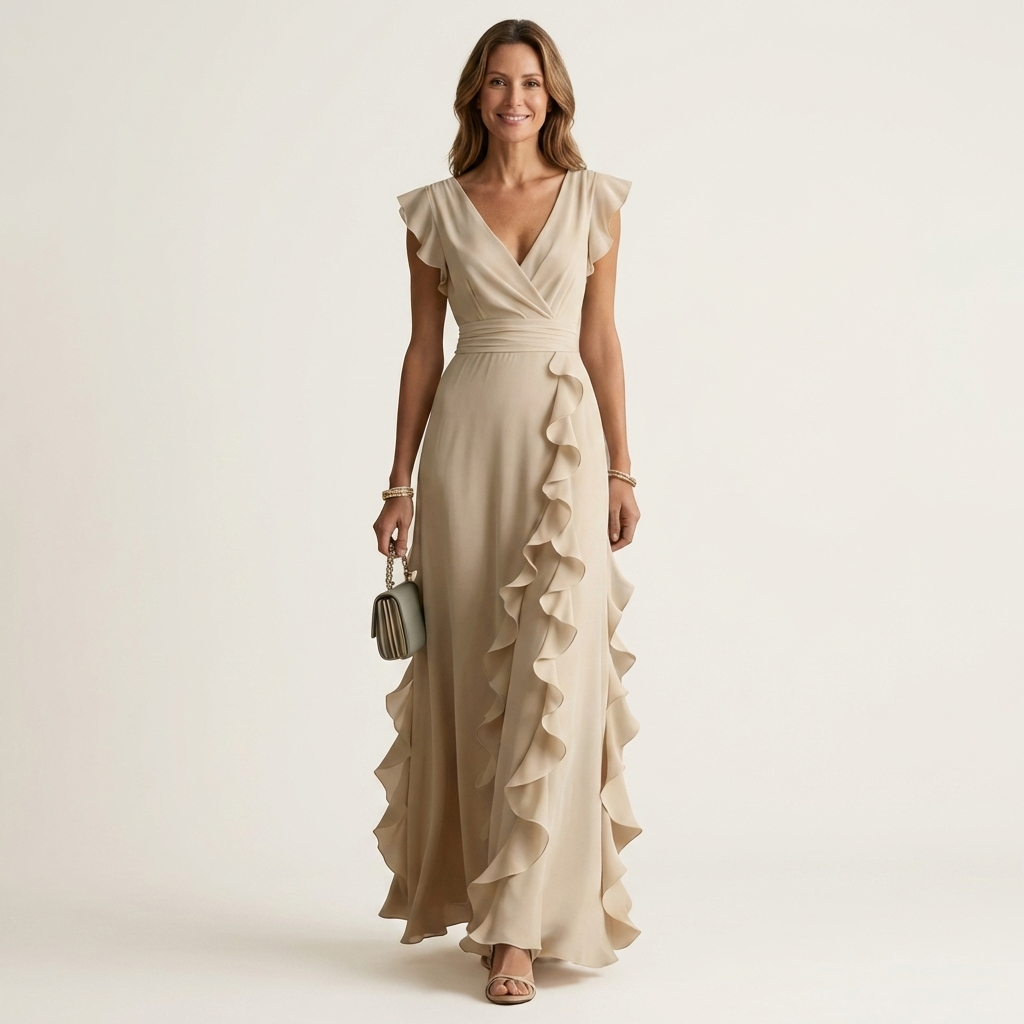 Nellyana™ | Wrap-Style V-Neck Flutter-Sleeve Cascading Ruffle Maxi Dress