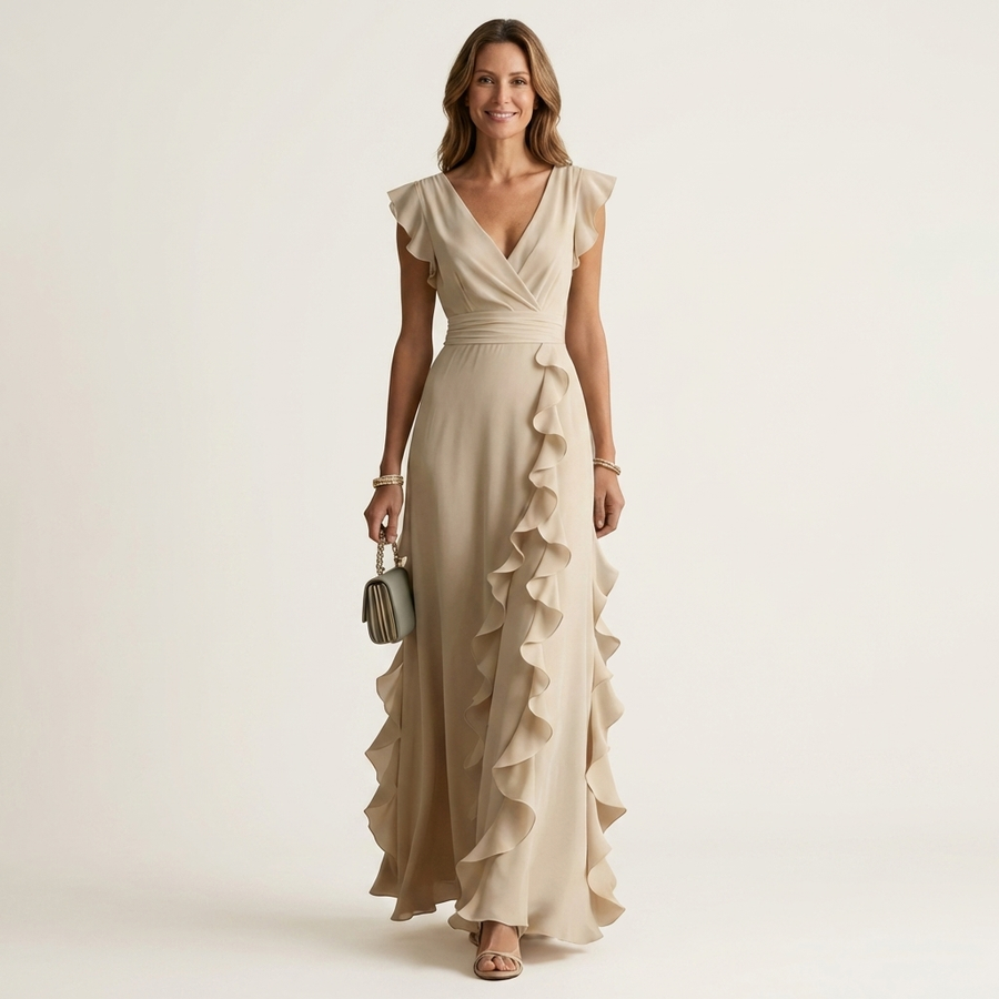 Nellyana™ | Wrap-Style V-Neck Flutter-Sleeve Cascading Ruffle Maxi Dress