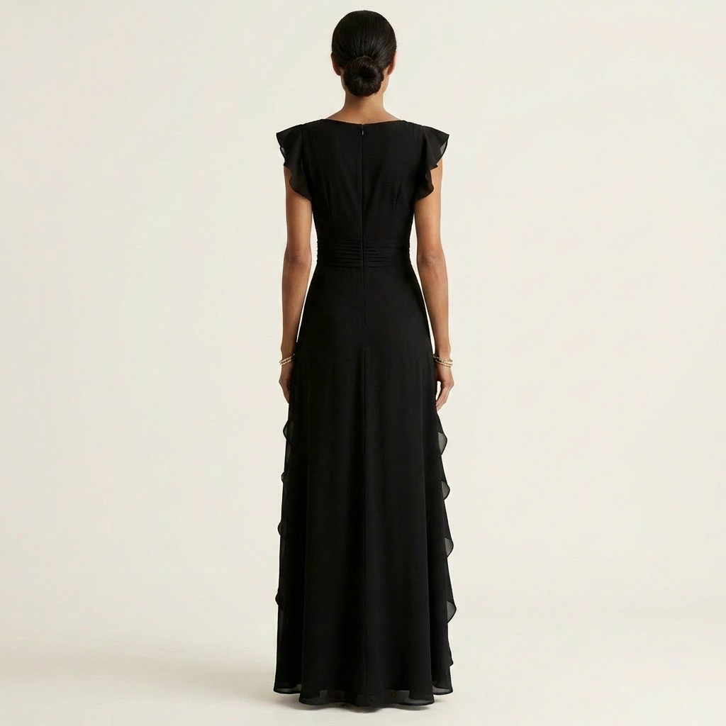 Nellyana™ | Wrap-Style V-Neck Flutter-Sleeve Cascading Ruffle Maxi Dress