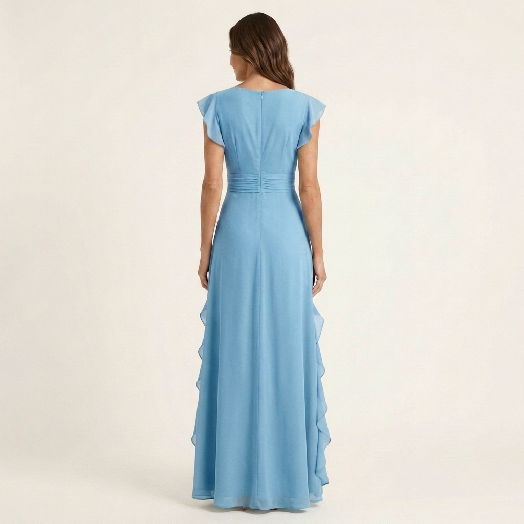 Nellyana™ | Wrap-Style V-Neck Flutter-Sleeve Cascading Ruffle Maxi Dress