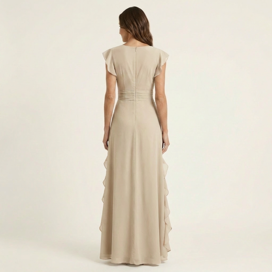 Nellyana™ | Wrap-Style V-Neck Flutter-Sleeve Cascading Ruffle Maxi Dress