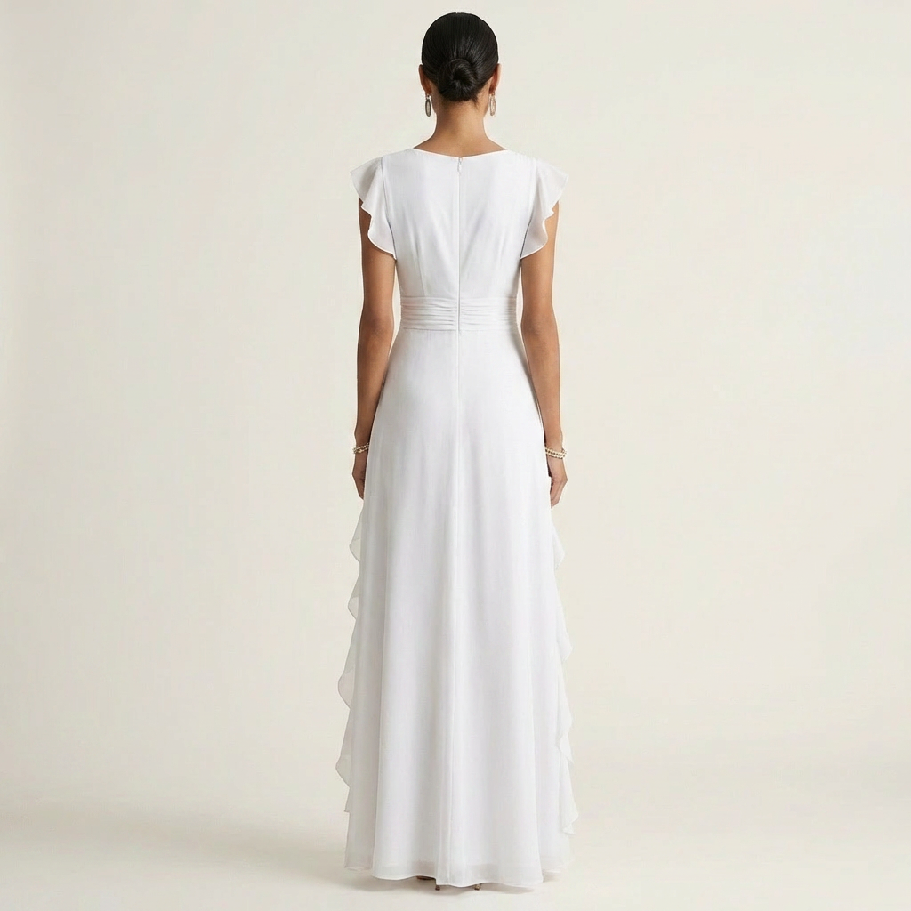 Nellyana™ | Wrap-Style V-Neck Flutter-Sleeve Cascading Ruffle Maxi Dress