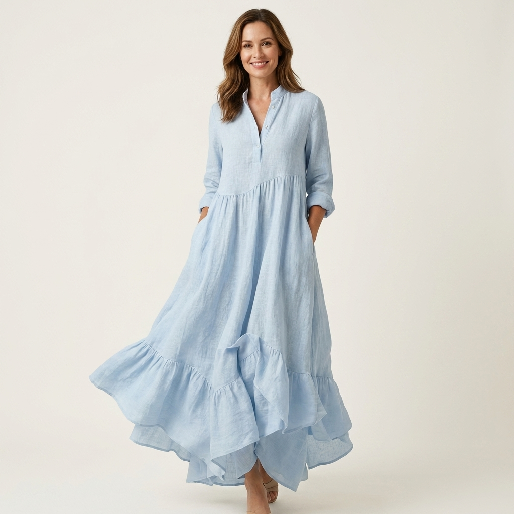 Jilana™ | Stand-Collar Button-Front Ruffle Hem Maxi Dress