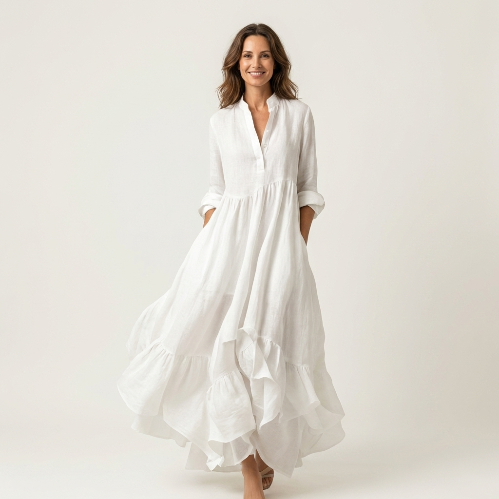Jilana™ | Stand-Collar Button-Front Ruffle Hem Maxi Dress