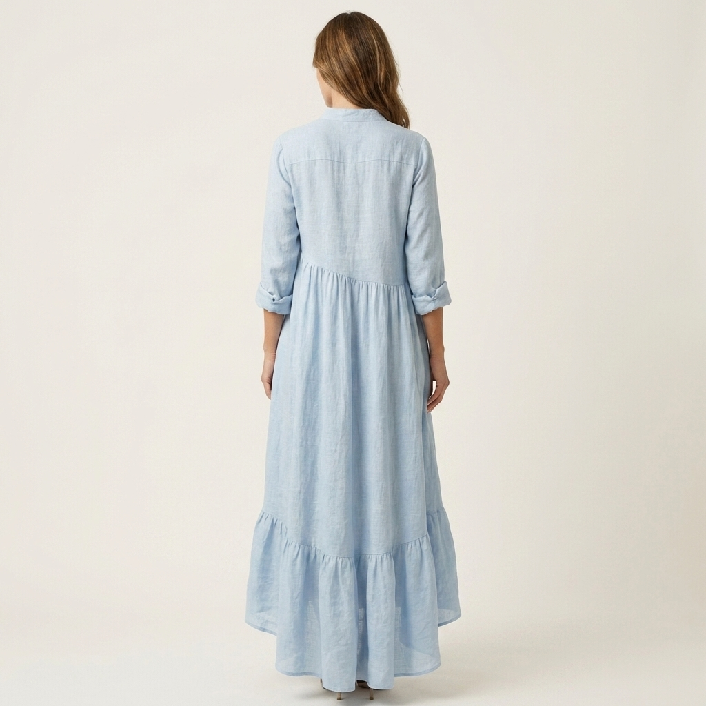 Jilana™ | Stand-Collar Button-Front Ruffle Hem Maxi Dress