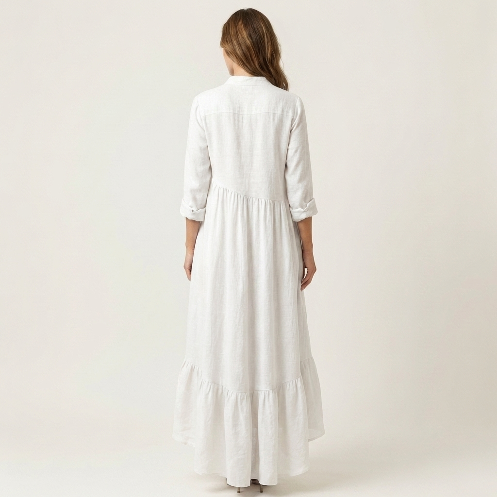 Jilana™ | Stand-Collar Button-Front Ruffle Hem Maxi Dress