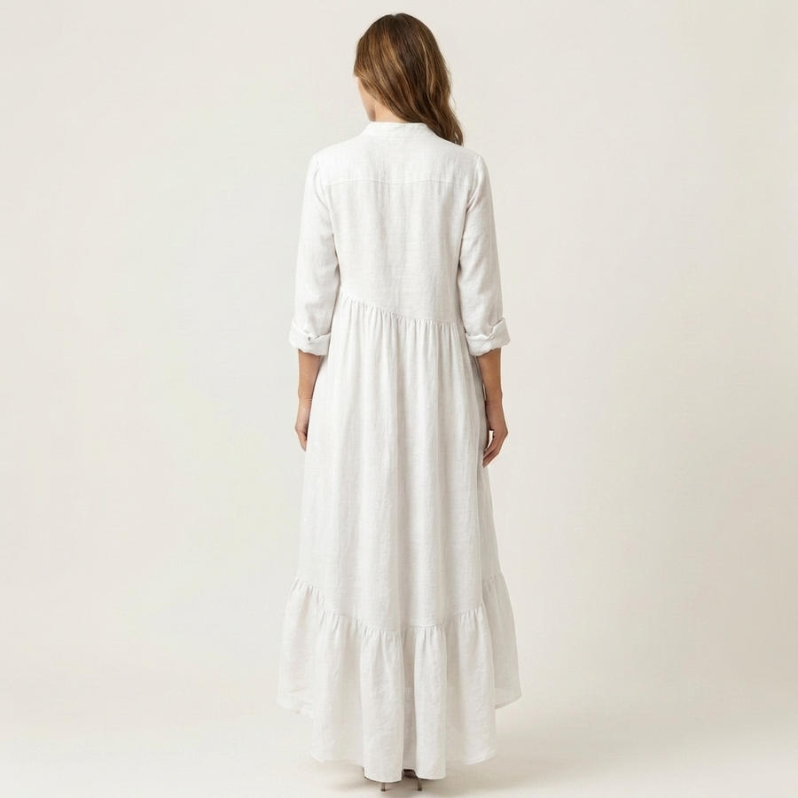 Jilana™ | Stand-Collar Button-Front Ruffle Hem Maxi Dress