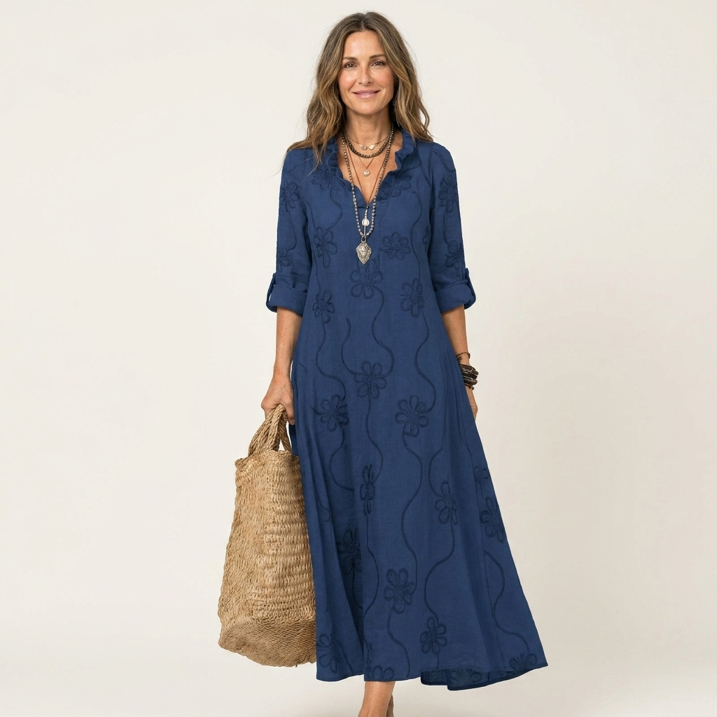 Mariam™ | Cotton-Linen Maxi Dress with Tonal Floral Embroidery
