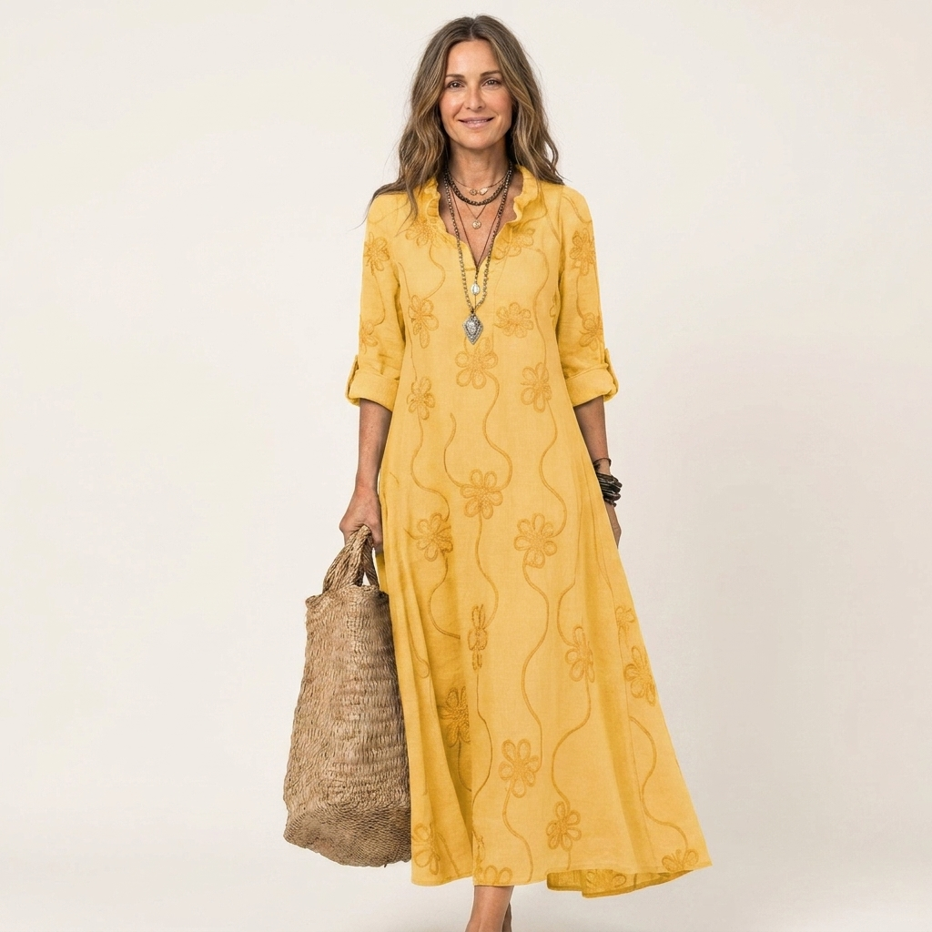Mariam™ | Cotton-Linen Maxi Dress with Tonal Floral Embroidery