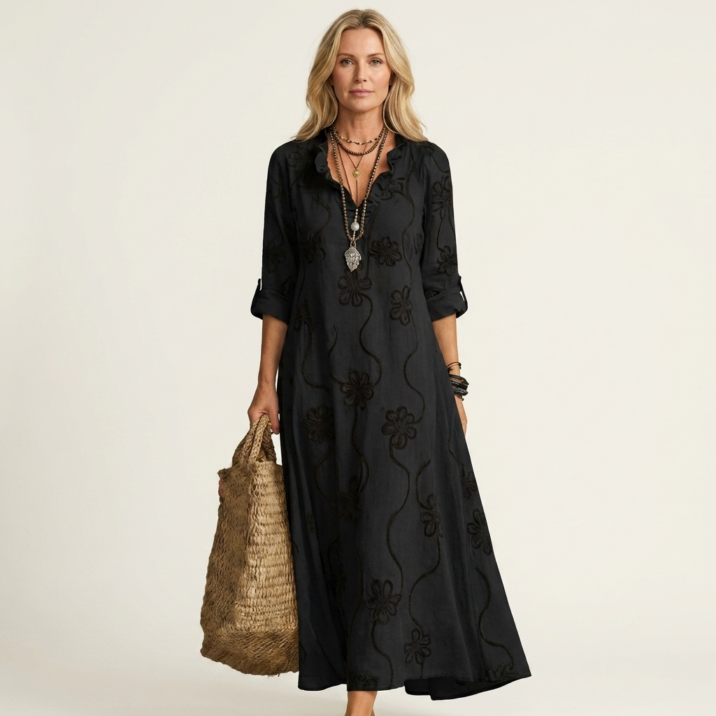 Mariam™ | Cotton-Linen Maxi Dress with Tonal Floral Embroidery