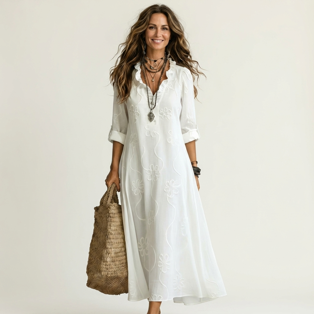 Mariam™ | Cotton-Linen Maxi Dress with Tonal Floral Embroidery