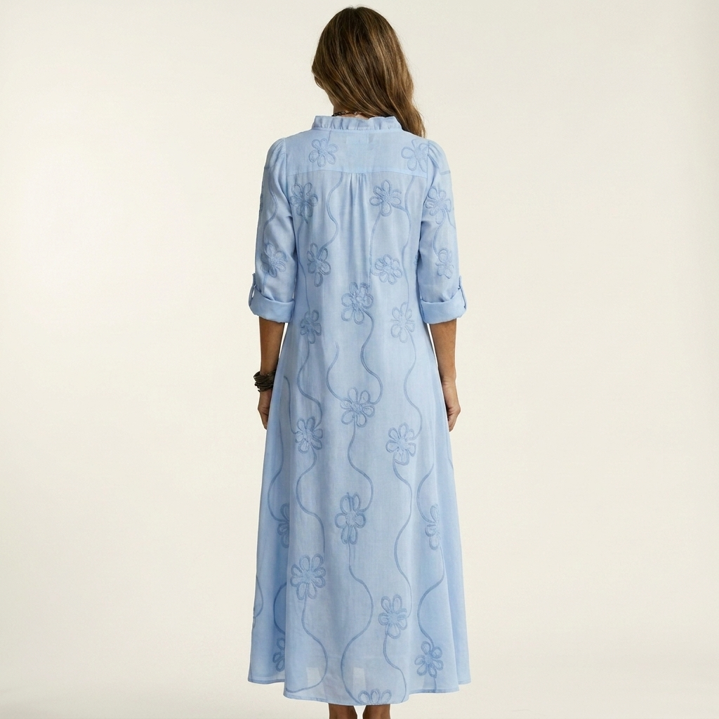 Mariam™ | Cotton-Linen Maxi Dress with Tonal Floral Embroidery