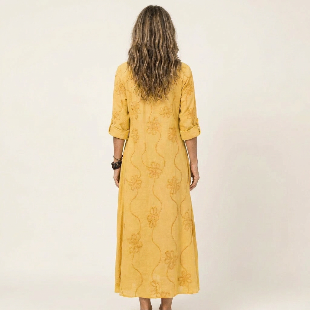 Mariam™ | Cotton-Linen Maxi Dress with Tonal Floral Embroidery