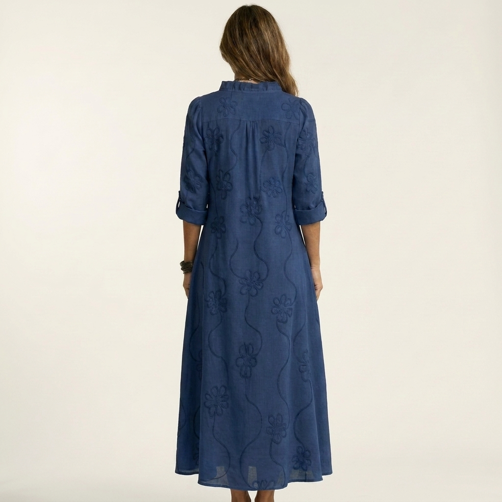 Mariam™ | Cotton-Linen Maxi Dress with Tonal Floral Embroidery