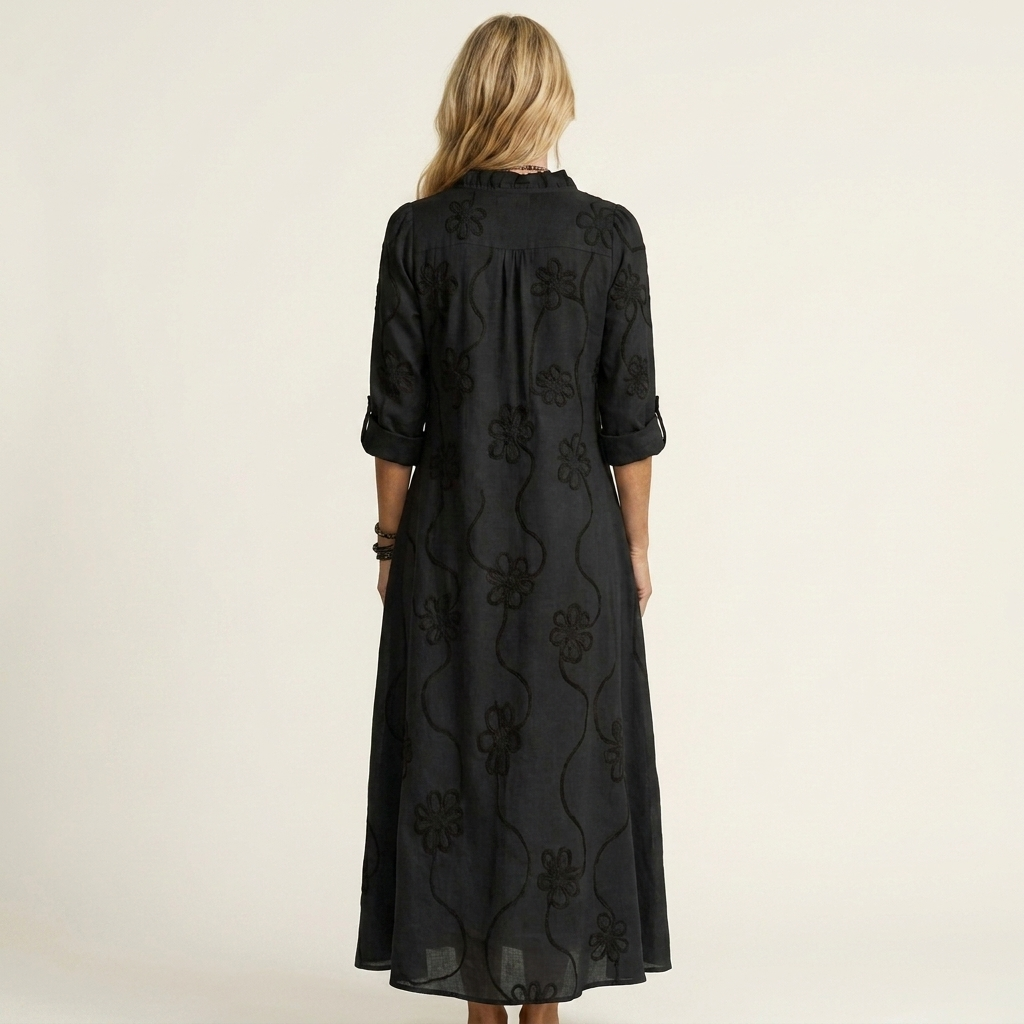 Mariam™ | Cotton-Linen Maxi Dress with Tonal Floral Embroidery