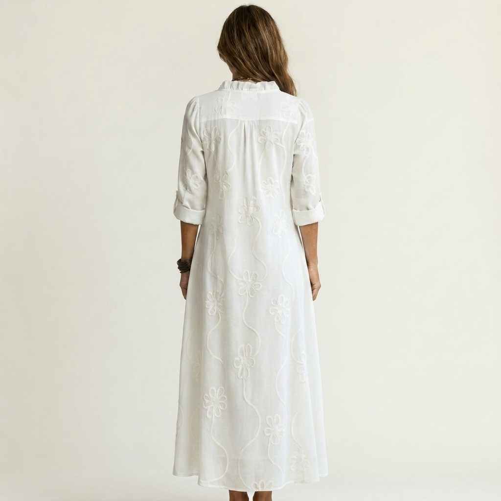 Mariam™ | Cotton-Linen Maxi Dress with Tonal Floral Embroidery